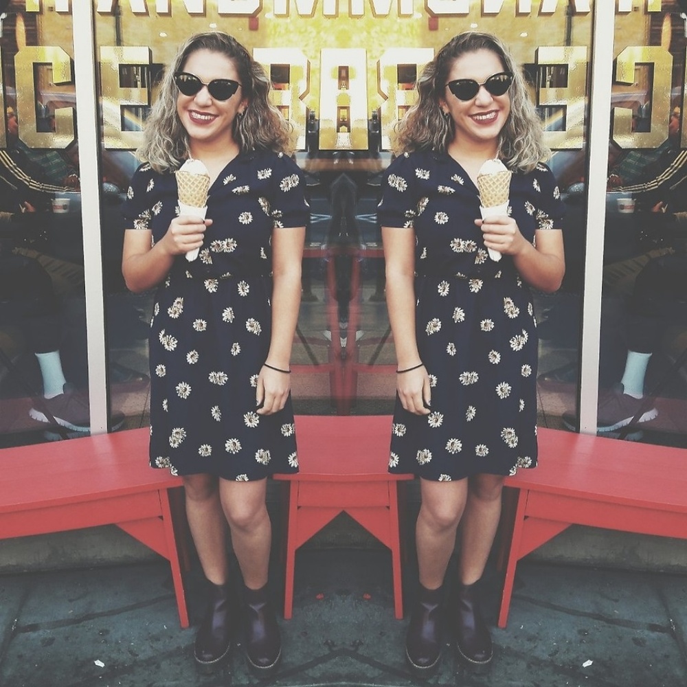 Retro inspired floral silky navy dress